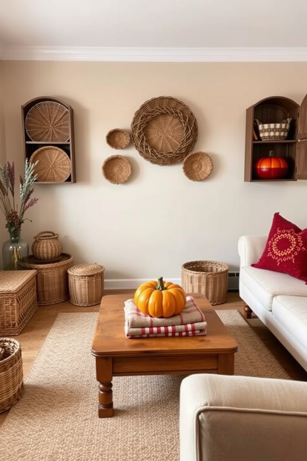 A cozy small living room adorned with decorative baskets for extra storage. The baskets are woven in natural fibers and are placed strategically around the room, adding warmth and texture to the space. The walls are painted in a soft beige, complemented by rich autumnal accents like burnt orange and deep red throw pillows on the sofa. A small wooden coffee table sits in the center, adorned with a decorative pumpkin and a stack of cozy blankets for a seasonal touch.