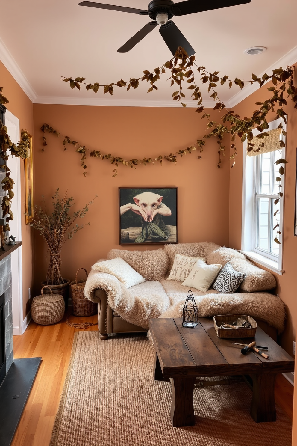 A cozy small living room adorned with hanging garlands of dried leaves. The walls are painted in warm earth tones, complemented by a plush, oversized sofa and a rustic wooden coffee table.