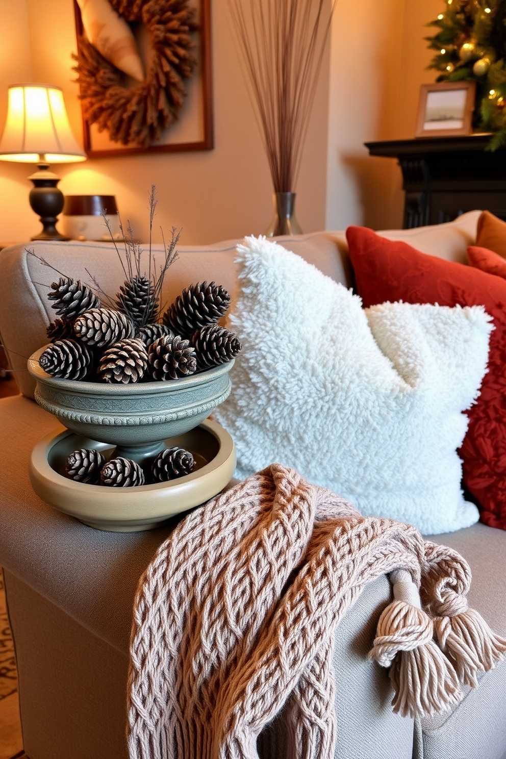 A cozy small living room features a decorative bowl filled with fragrant pinecones, adding a touch of nature to the space. Soft, warm lighting illuminates the room, enhancing the earthy tones of the surrounding decor. Plush cushions in autumn colors are arranged on a comfortable sofa, inviting relaxation and warmth. A knitted throw drapes casually over the armrest, complementing the inviting atmosphere of the fall season.