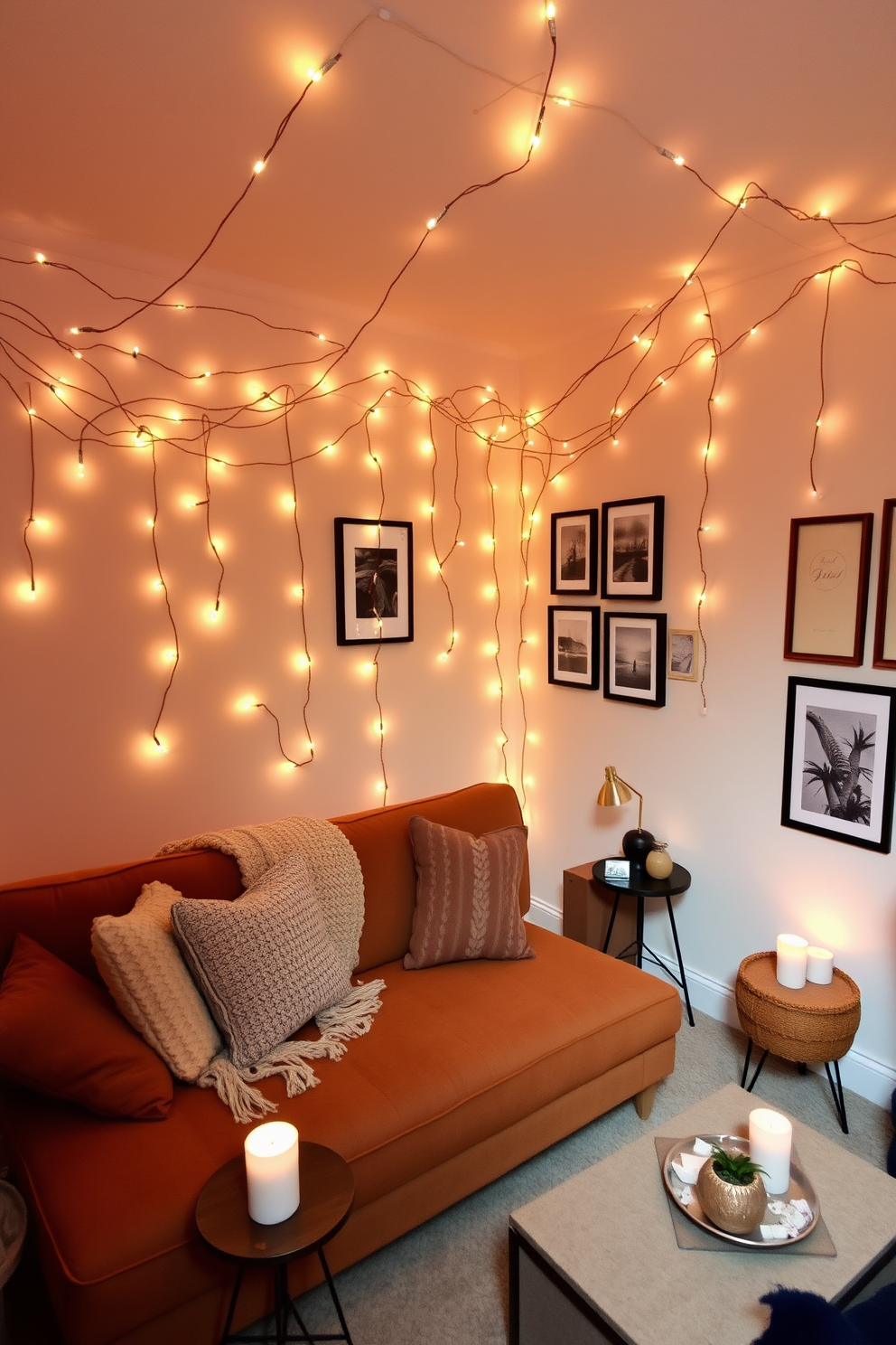 A cozy living room adorned with soft lighting created by string lights draped elegantly across the ceiling. The space features a plush sofa in warm tones, complemented by a mix of textured throw pillows and a knitted blanket. A small coffee table sits in the center, surrounded by a few stylish side tables that hold decorative candles. The walls are painted in a light, inviting color, and a collection of framed art adds character to the room.