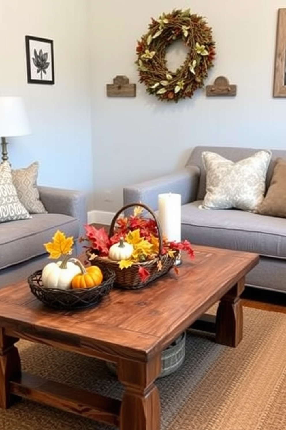 A cozy small living room featuring a rustic wooden coffee table as the centerpiece. The table is adorned with a collection of autumn-themed decor, including small pumpkins and a woven basket filled with colorful leaves.