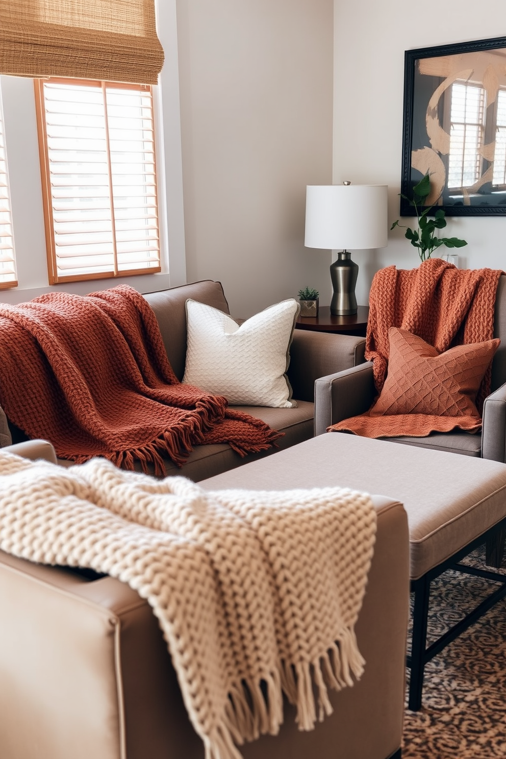 A cozy small living room features furniture adorned with textured throws in warm earth tones. The throws are casually draped over a plush sofa and a stylish armchair, creating an inviting atmosphere.