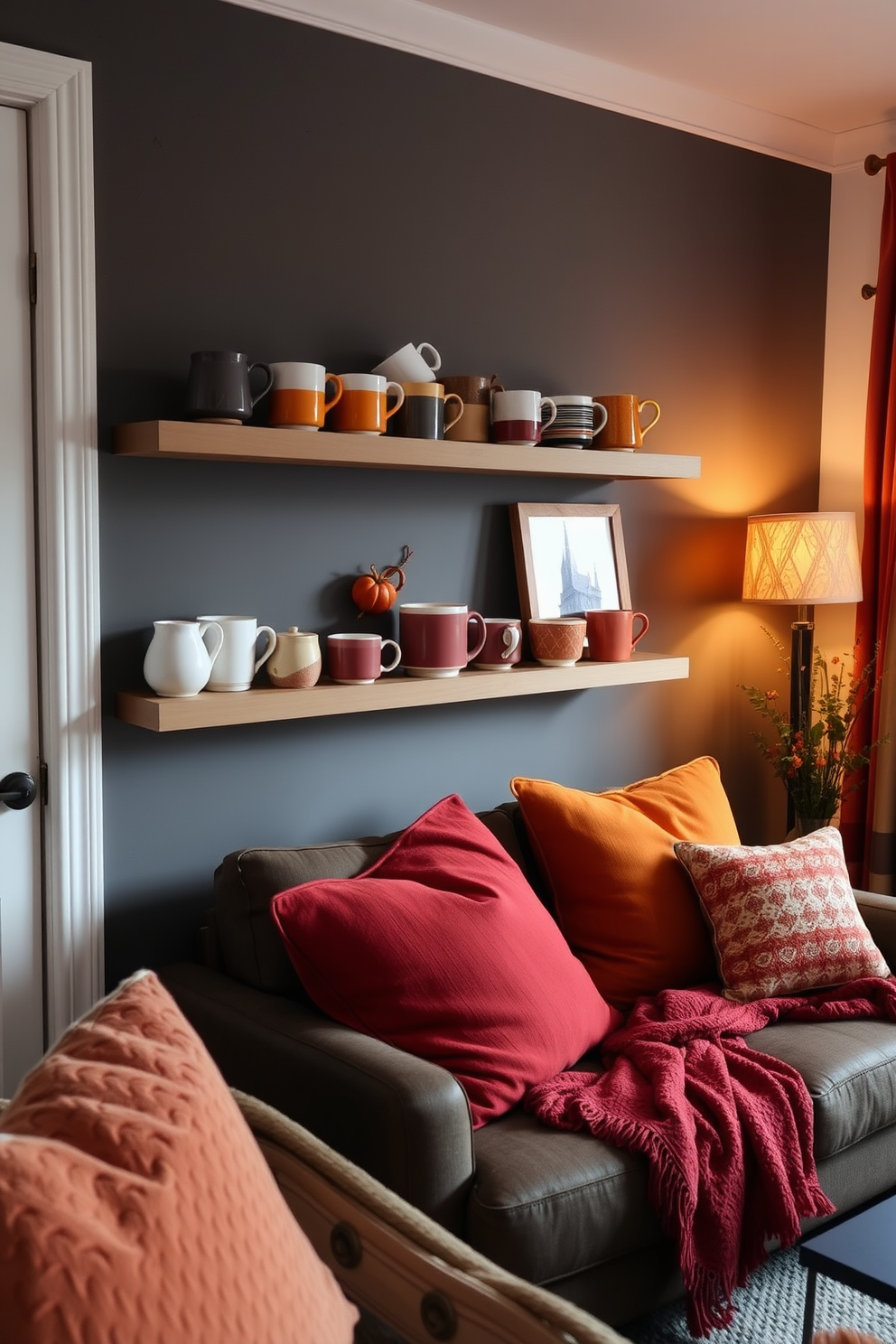 A cozy small living room featuring a stylish arrangement of colorful ceramic mugs displayed on a floating shelf. The room is adorned with warm autumn hues, including soft orange and deep red accents in the cushions and throw blankets.