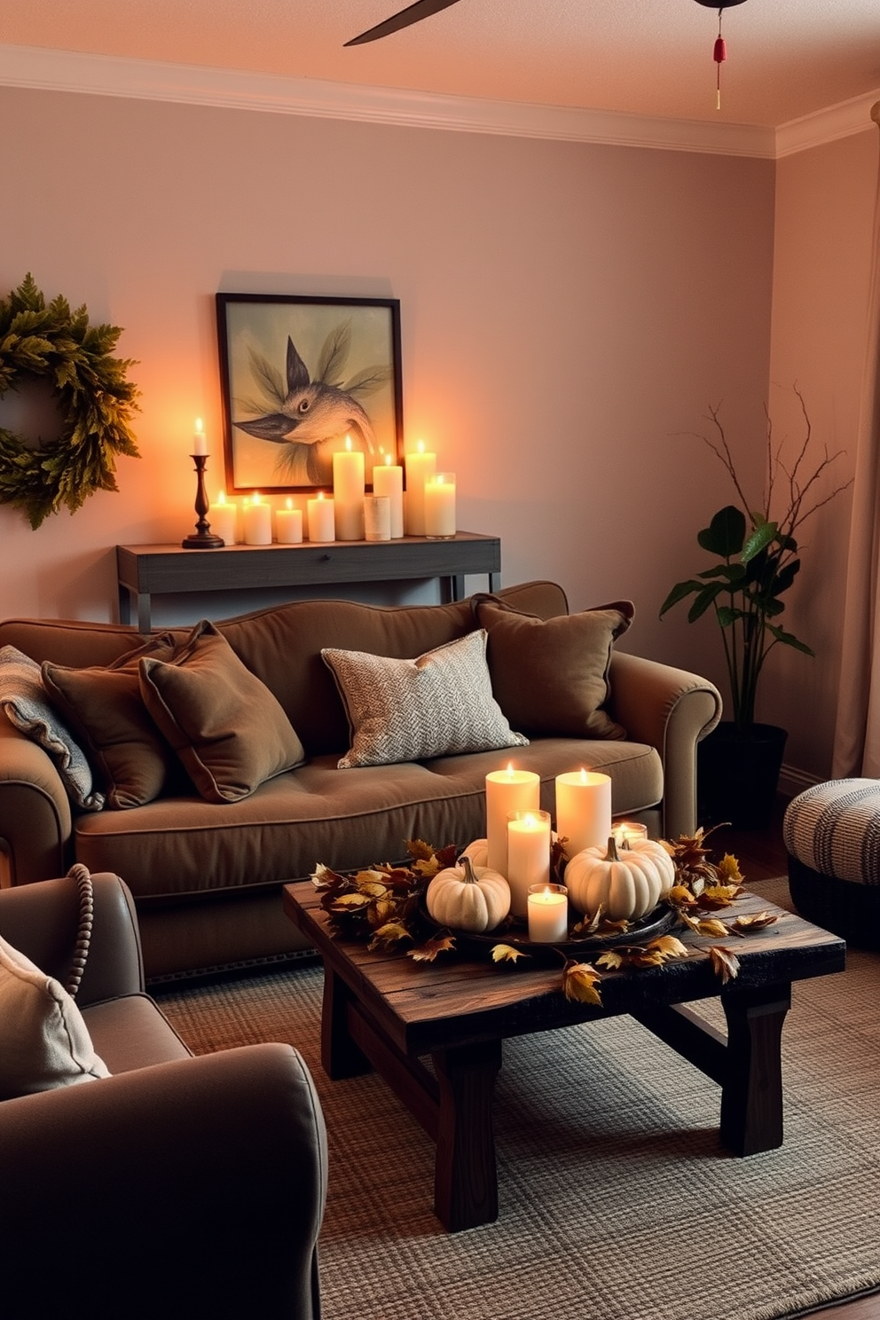 A cozy small living room adorned with seasonal scented candles that create a warm ambiance. The space features a plush sofa in earthy tones, complemented by a rustic coffee table adorned with autumn leaves and a few decorative pumpkins.