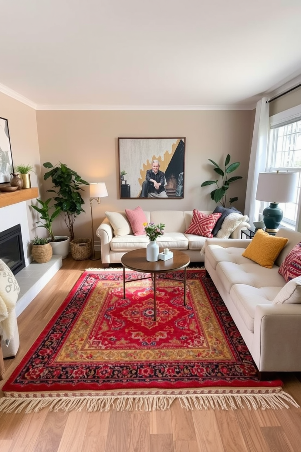 A cozy small living room featuring layered rugs that add depth and texture to the space. The first rug is a large neutral-toned base layer, topped with a smaller, colorful patterned rug that brings warmth and personality to the room.