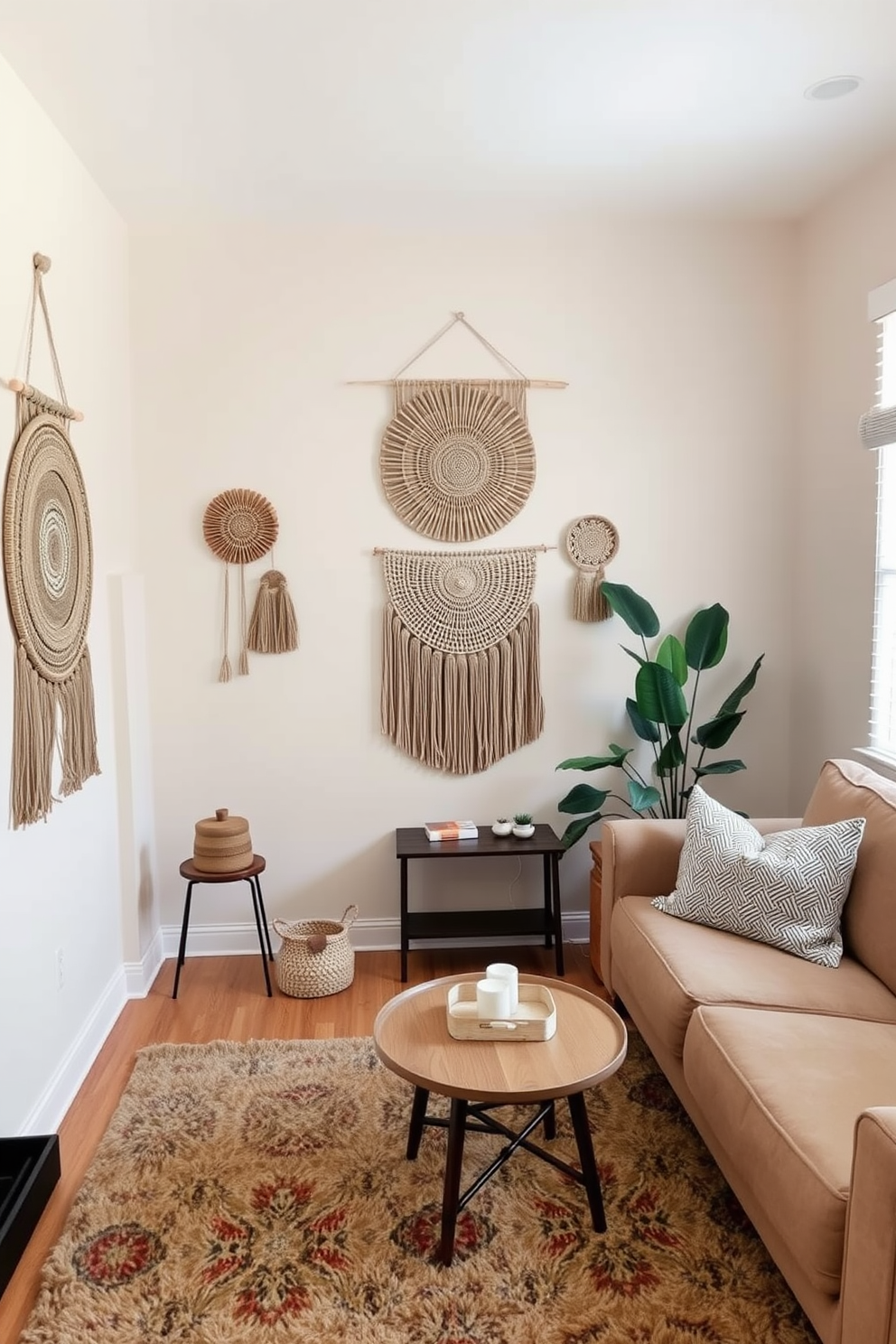 A cozy small living room featuring woven wall hangings that add depth and texture to the space. The walls are painted in a soft beige, and a plush area rug with earthy tones anchors the room.