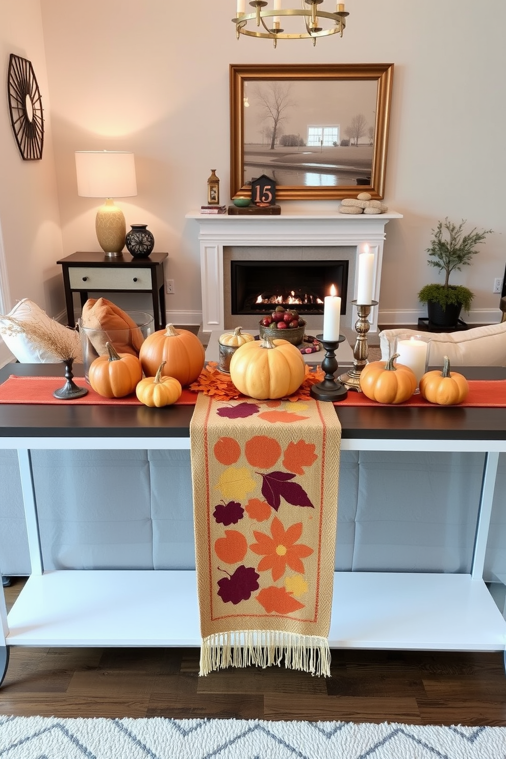 A cozy small living room adorned with an autumn-themed table runner on a sleek console table. The runner features warm hues of orange, yellow, and deep red, complemented by decorative pumpkins and candles arranged along its length.