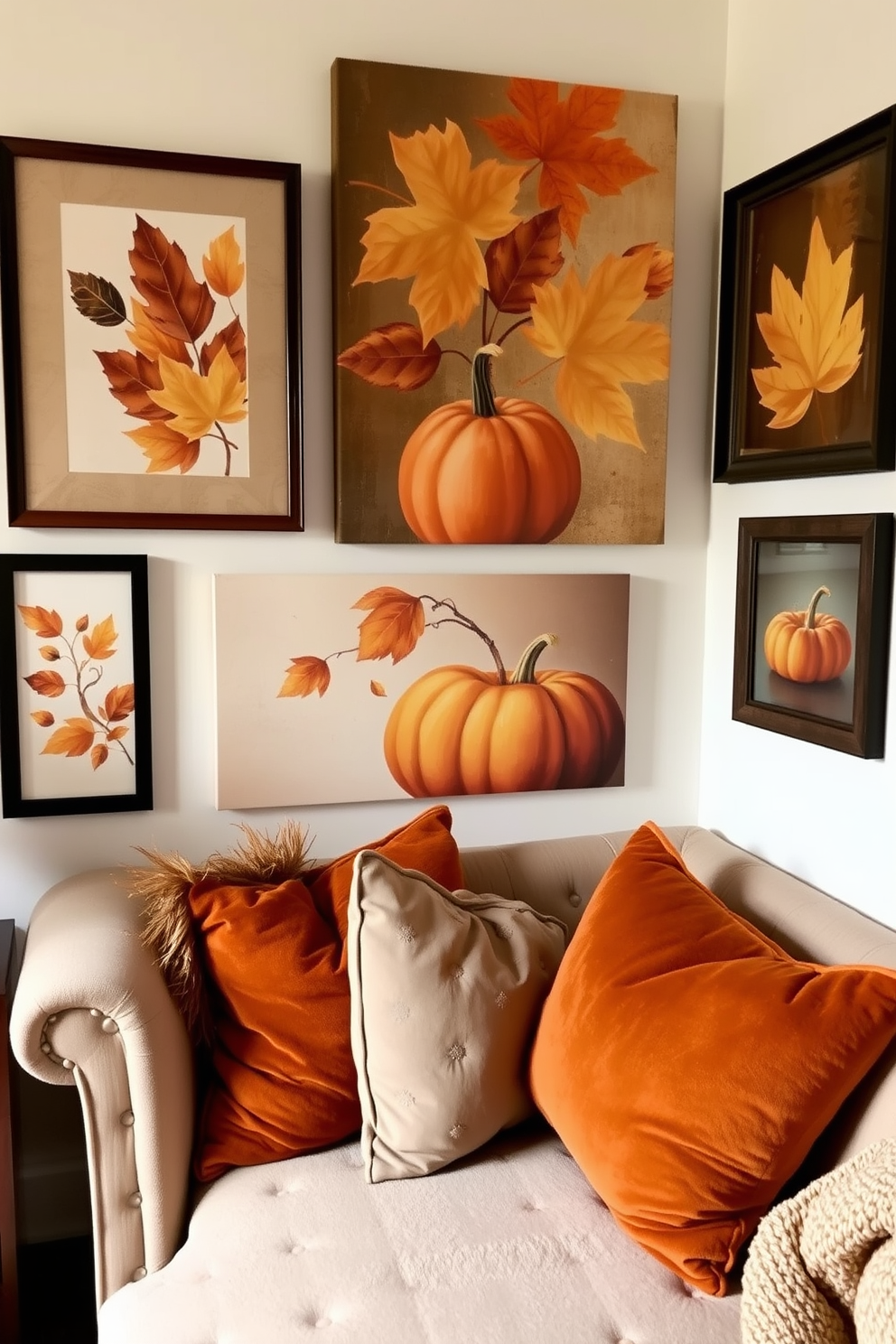 Layered artwork featuring autumn leaves and pumpkins adorns the walls of a cozy small living room. A mix of framed prints and canvas pieces creates a warm and inviting atmosphere, complemented by soft throw pillows in earthy tones on a plush sofa.