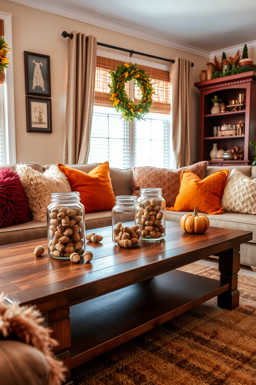 A cozy small living room decorated for fall. Glass jars filled with acorns are placed on a wooden coffee table surrounded by plush cushions in warm autumn colors.