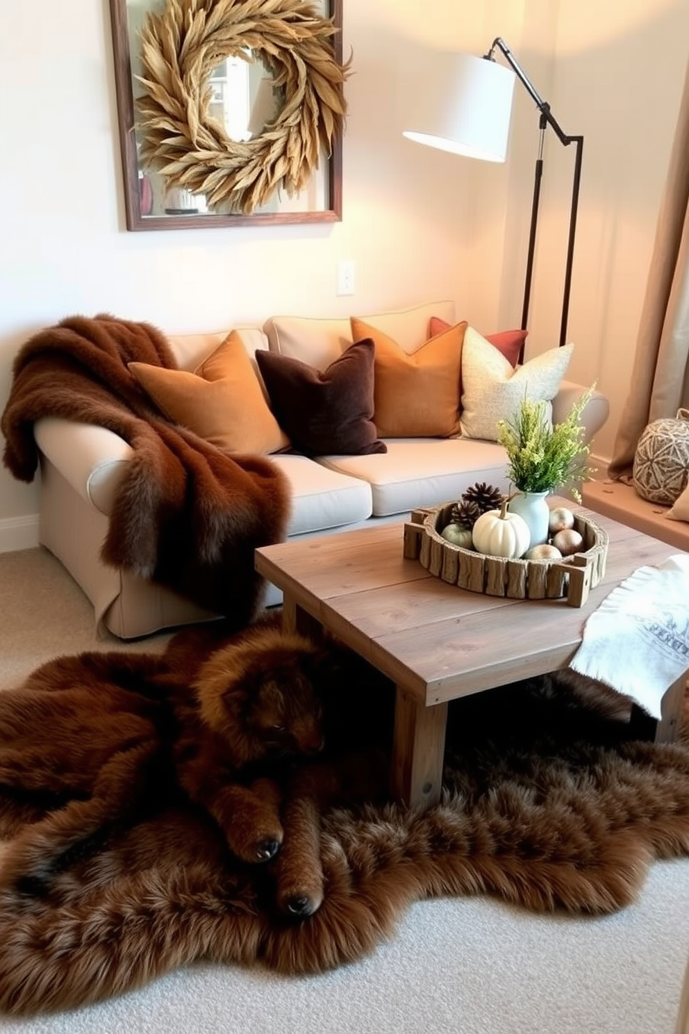 A small living room decorated for fall features a plush faux fur throw draped over a soft beige sofa. The space is enhanced with warm-toned cushions and a rustic wooden coffee table adorned with seasonal decor. In one corner, a stylish faux fur rug anchors the seating area, adding warmth and texture. Soft lighting from a floor lamp creates a cozy atmosphere, inviting relaxation and comfort.