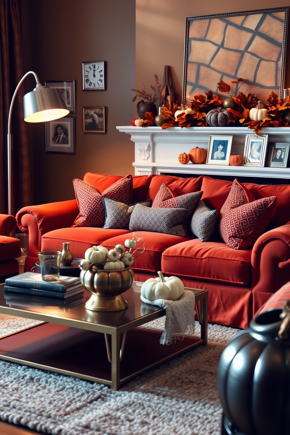 A cozy fall-inspired living room features a blend of metal accents including a brass coffee table and silver picture frames. The warm color palette includes deep oranges and rich browns, with a plush, oversized sofa adorned with patterned throw pillows. Incorporate a mix of textures with a soft wool rug underfoot and a sleek metal floor lamp casting a warm glow. Seasonal decorations like pumpkins and autumn leaves are thoughtfully arranged on the mantle, creating an inviting atmosphere.