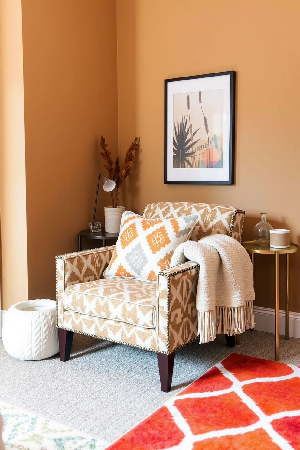 A stylish accent chair with a bold geometric pattern is positioned in the corner of a cozy small living room. The chair is complemented by a soft throw blanket draped over one arm, adding warmth and texture to the space. Surrounding the chair are a few carefully chosen decorative elements, including a small side table with a modern lamp and a vibrant area rug that ties the color scheme together. The walls are painted in a warm neutral tone, creating an inviting backdrop for seasonal fall decor.