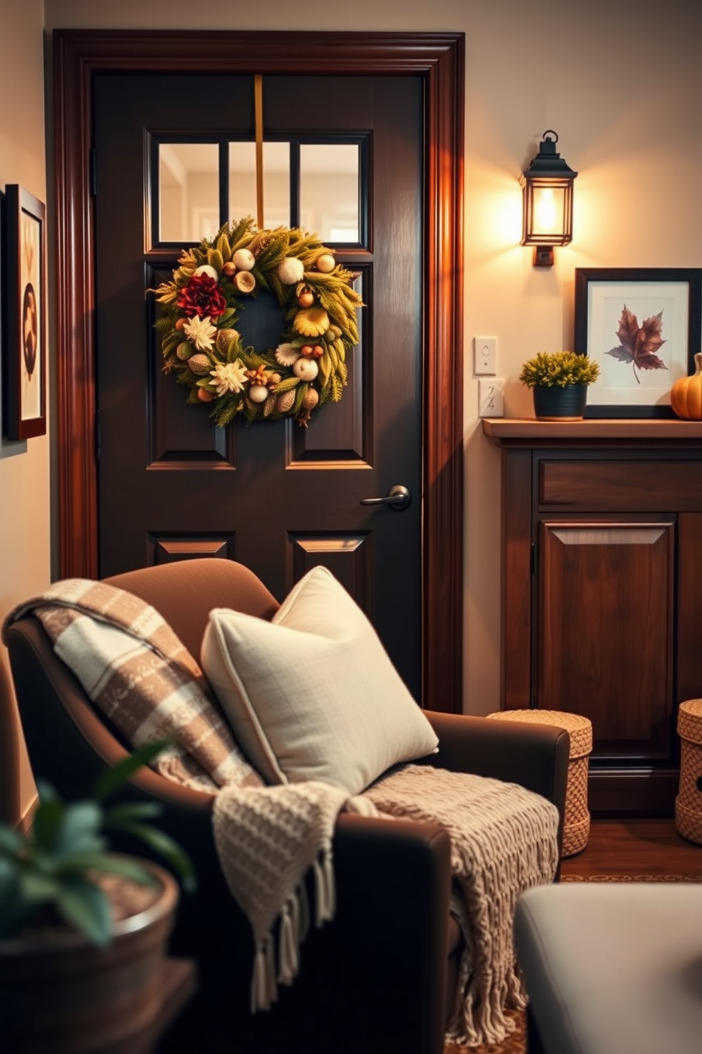 A cozy small living room adorned with a seasonal wreath on the door. The space features warm autumn colors with plush throw pillows and a soft knitted blanket draped over a stylish armchair.