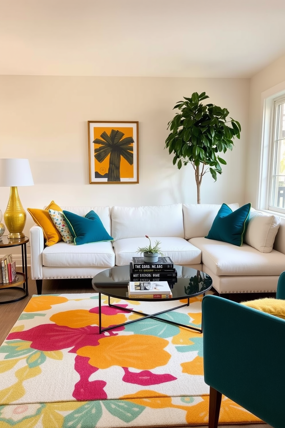 A cozy small living room with a neutral base featuring light beige walls and a soft cream sofa. Bright pops of color are introduced through vibrant throw pillows in shades of mustard yellow and deep teal, along with a colorful abstract rug underfoot. A stylish coffee table sits at the center, adorned with a stack of art books and a small potted plant. Large windows allow natural light to flood the space, enhancing the cheerful atmosphere created by the carefully chosen decor.