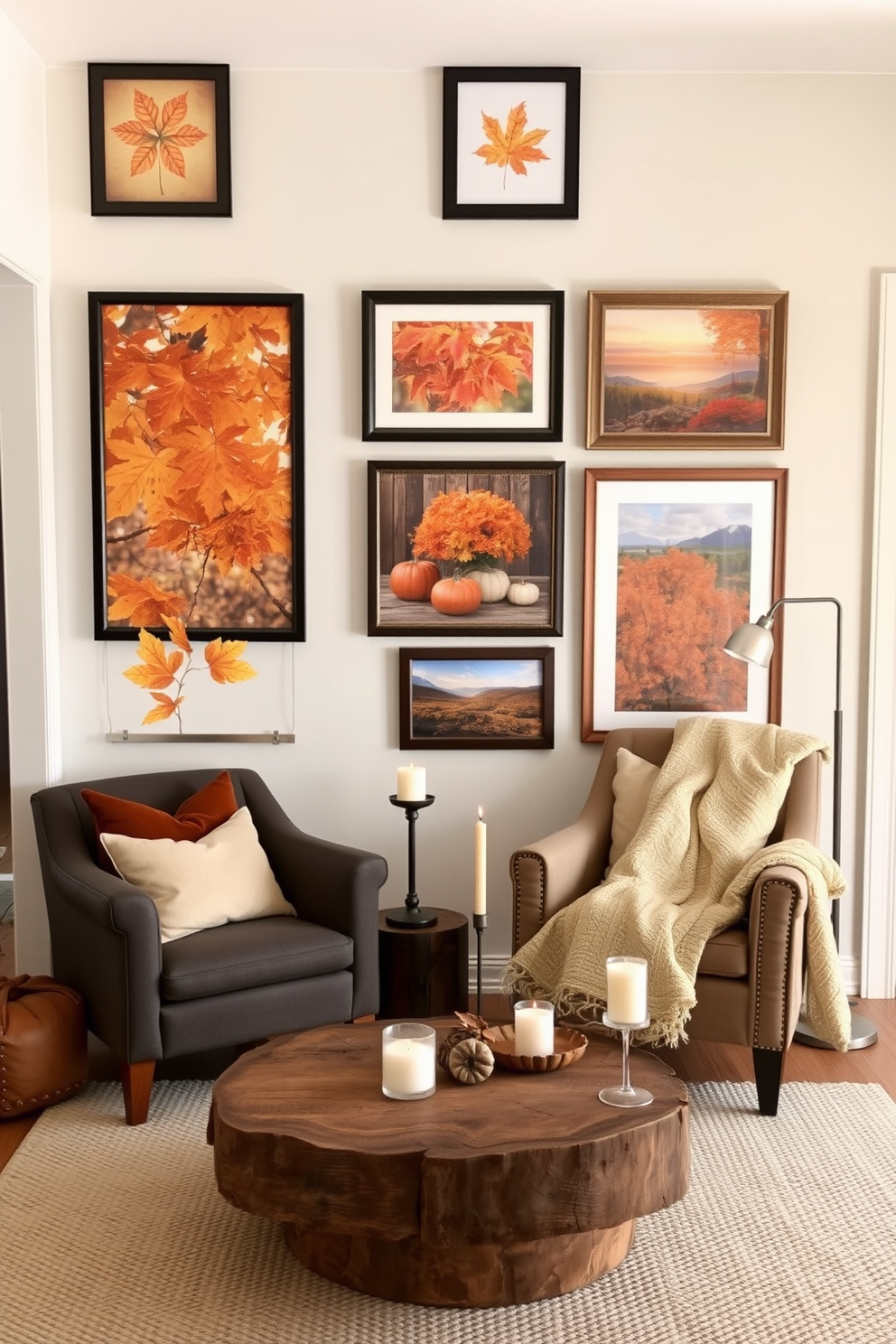 A cozy small living room adorned with autumn-themed wall art that captures the essence of fall. The gallery features a collection of framed prints showcasing vibrant leaves, pumpkins, and warm-toned landscapes, creating a welcoming atmosphere. The space is decorated with plush cushions in earthy tones and a soft throw blanket draped over a stylish armchair. A rustic coffee table sits in the center, surrounded by candles and seasonal decor to enhance the autumn ambiance.