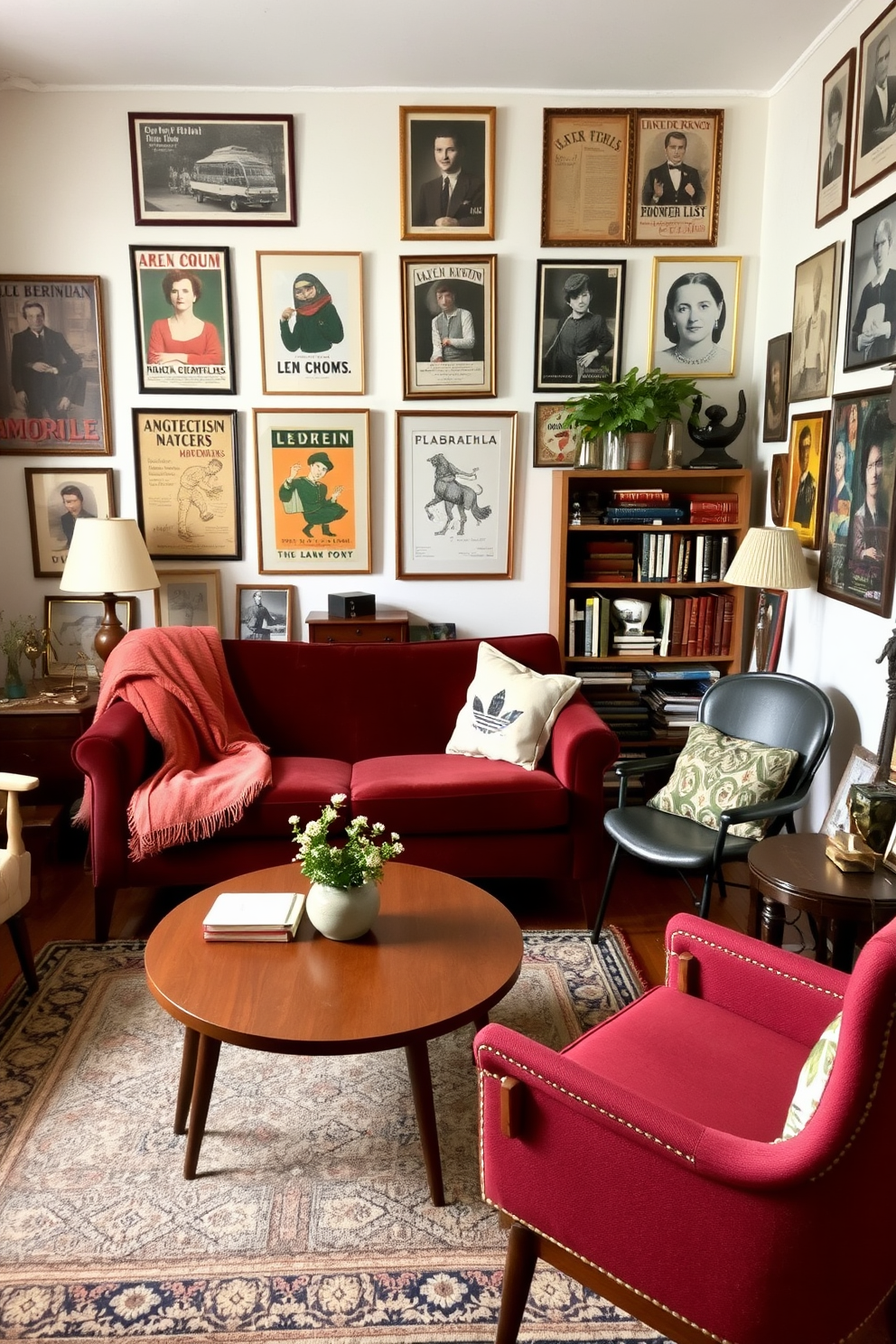 A cozy small living room filled with vintage finds that serve as conversation starters. A mid-century coffee table sits in the center, surrounded by a plush velvet sofa and eclectic armchairs. On the walls, framed vintage posters and photographs create a gallery effect. A warm throw blanket drapes over the arm of the sofa, and a small bookshelf displays an array of antique books and decorative objects.