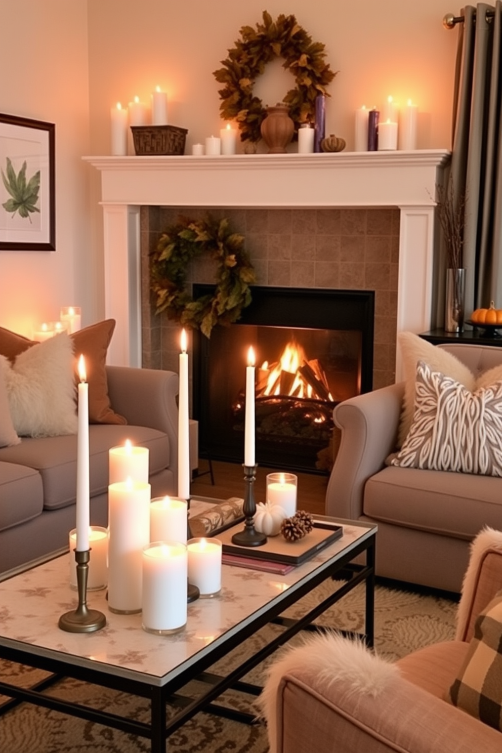 A cozy small living room adorned with candles of varied heights and sizes creating a warm and inviting atmosphere. The candles are placed on a stylish coffee table surrounded by plush seating, with autumn-themed decor enhancing the seasonal charm.