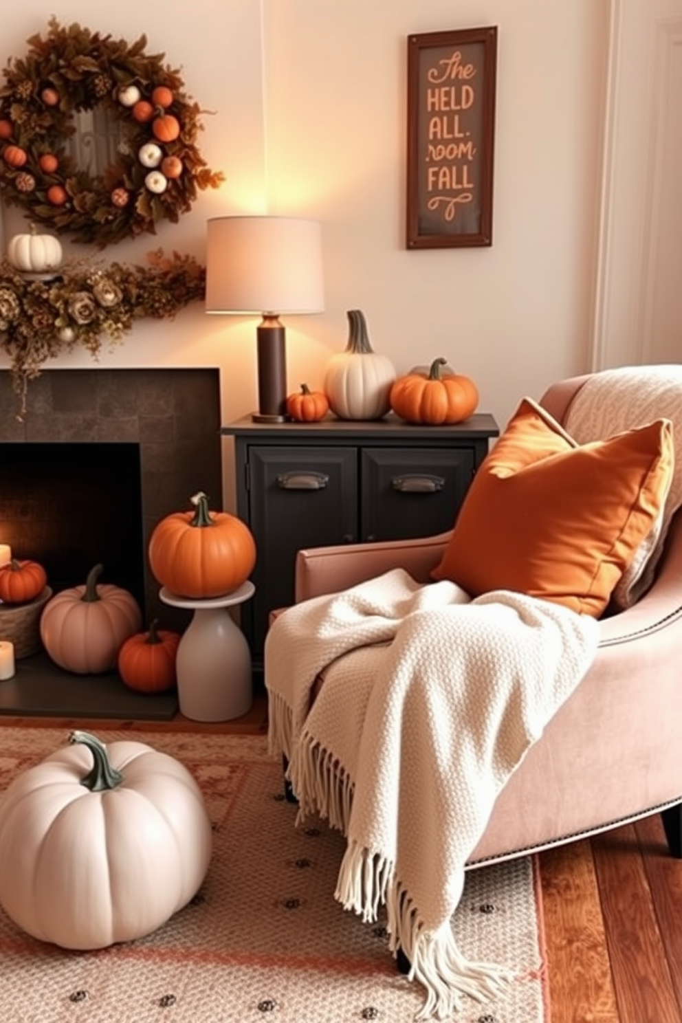 A cozy small living room adorned with pumpkins in various shapes and colors creates a warm fall ambiance. Plush cushions in earthy tones complement a soft throw blanket draped over a stylish armchair, enhancing the inviting atmosphere.