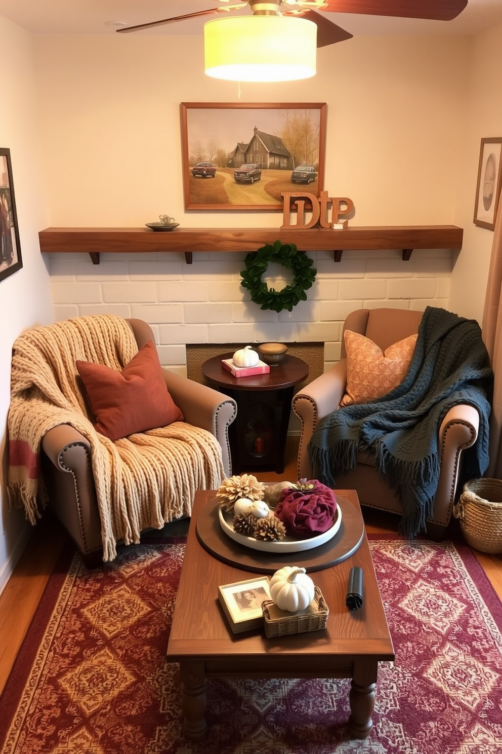 A cozy small living room with two comfortable chairs draped in soft knit blankets. The space features warm autumn colors, with decorative pillows and a small wooden coffee table adorned with seasonal decorations.