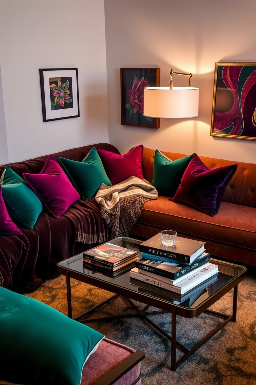 A cozy small living room adorned with rich jewel-toned cushions and pillows in deep emerald, sapphire, and ruby hues. The seating area features a plush sofa draped with a luxurious throw blanket, inviting warmth and elegance. A stylish coffee table sits at the center, topped with a stack of art books and a decorative tray. Soft ambient lighting from a chic floor lamp enhances the inviting atmosphere, creating a perfect space for relaxation and conversation.