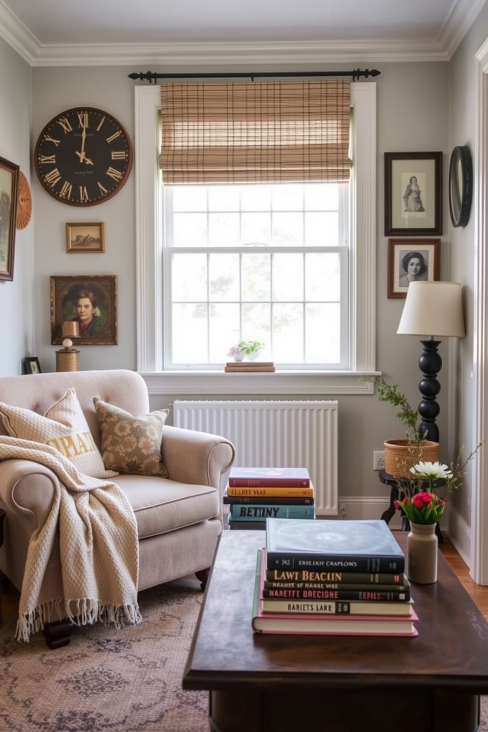 A cozy small living room adorned with vintage decor. A coffee table is topped with stacked vintage books, accompanied by a warm throw blanket draped over the arm of a plush armchair.