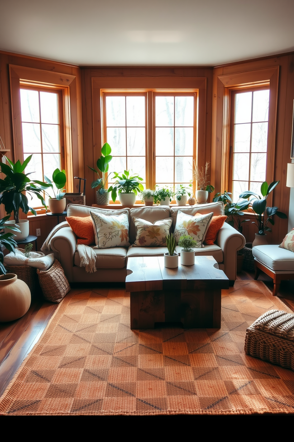 A cozy living room filled with natural wood accents that bring warmth to the space. The room features a plush sofa adorned with autumn-themed cushions, complemented by a rustic coffee table made of reclaimed wood. Large windows allow soft sunlight to filter in, enhancing the inviting atmosphere. A collection of potted plants adds a touch of greenery, while a warm-toned area rug anchors the seating area.