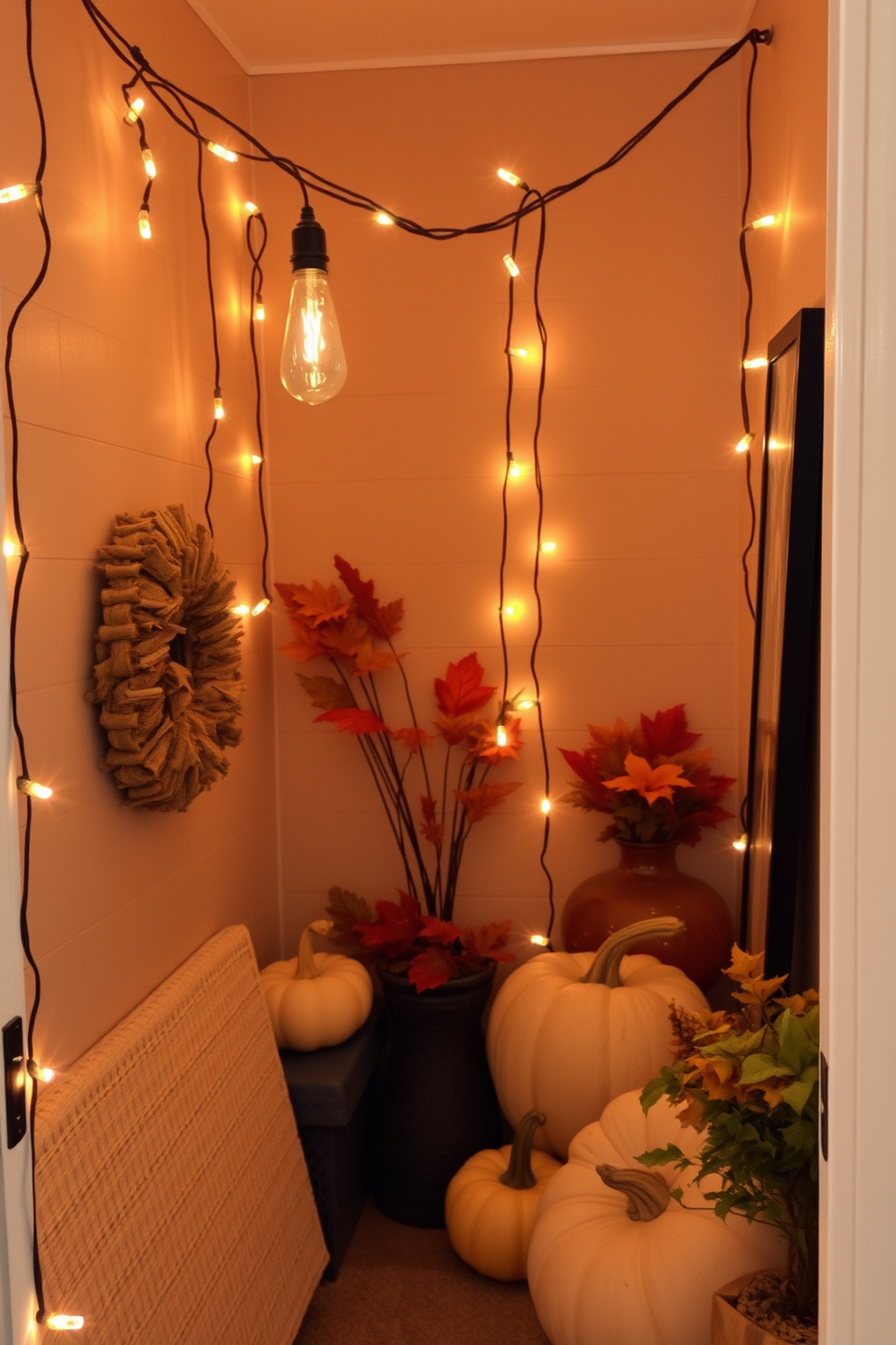 A cozy small space decorated for fall with warm hanging string lights creating a soft glow. The area features a mix of autumn-themed decor such as pumpkins and colorful leaves, adding seasonal charm.