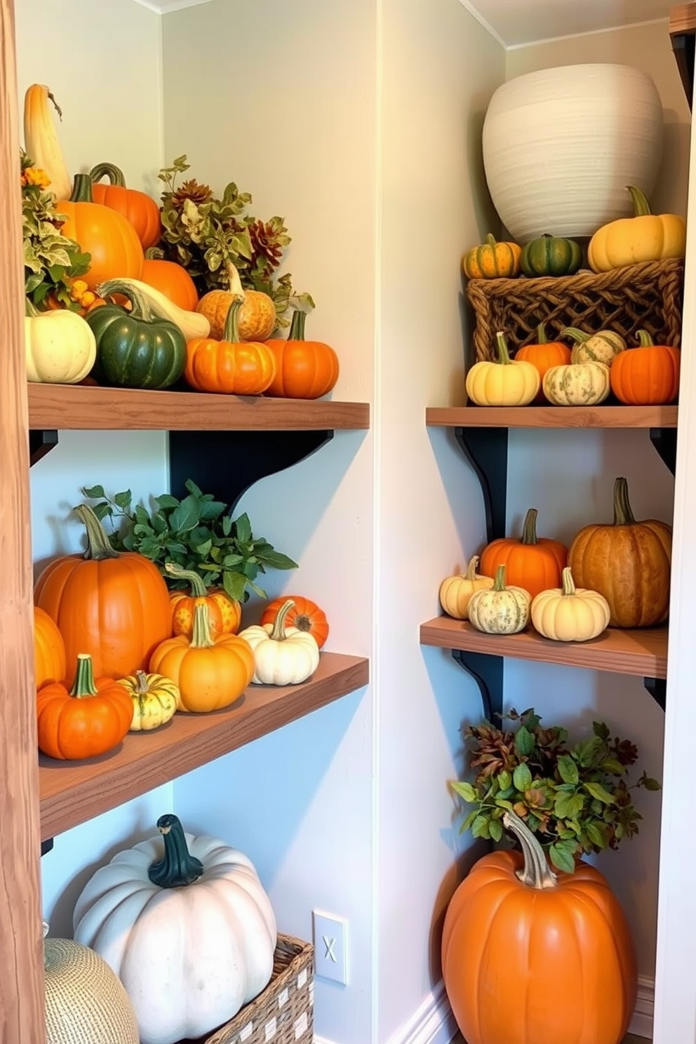 A cozy small space decorated for fall features shelves adorned with an array of colorful gourds and pumpkins. The warm hues of orange, yellow, and green create a festive atmosphere, while the rustic wooden shelves add charm and character.