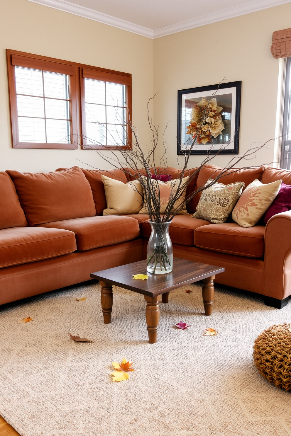 A cozy living room that incorporates natural elements such as twigs and leaves. The decor features a small wooden coffee table adorned with a vase of dried branches and a few scattered autumn leaves. The walls are painted in a soft beige hue, creating a warm and inviting atmosphere. A plush, earth-toned sofa is accented with cushions that reflect the colors of fall, adding to the seasonal charm of the space.