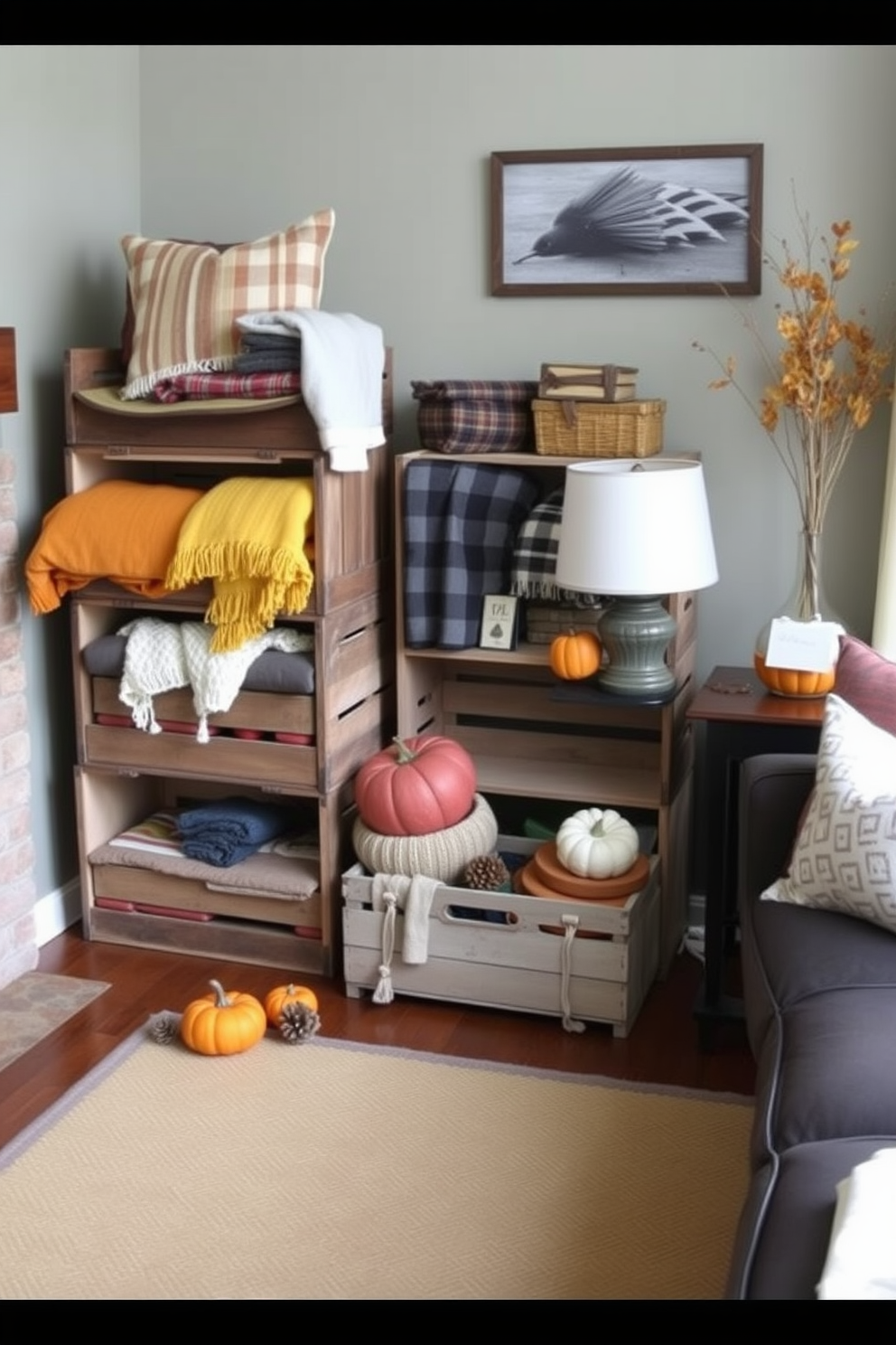 A cozy living room featuring vintage wooden crates used as rustic storage solutions. The crates are stacked in a corner, filled with colorful throw blankets and decorative pillows, adding warmth and character to the space. Small decorative accents like pumpkins and pinecones are scattered around the room, enhancing the autumn theme. A warm-toned area rug anchors the seating area, creating an inviting atmosphere for fall gatherings.