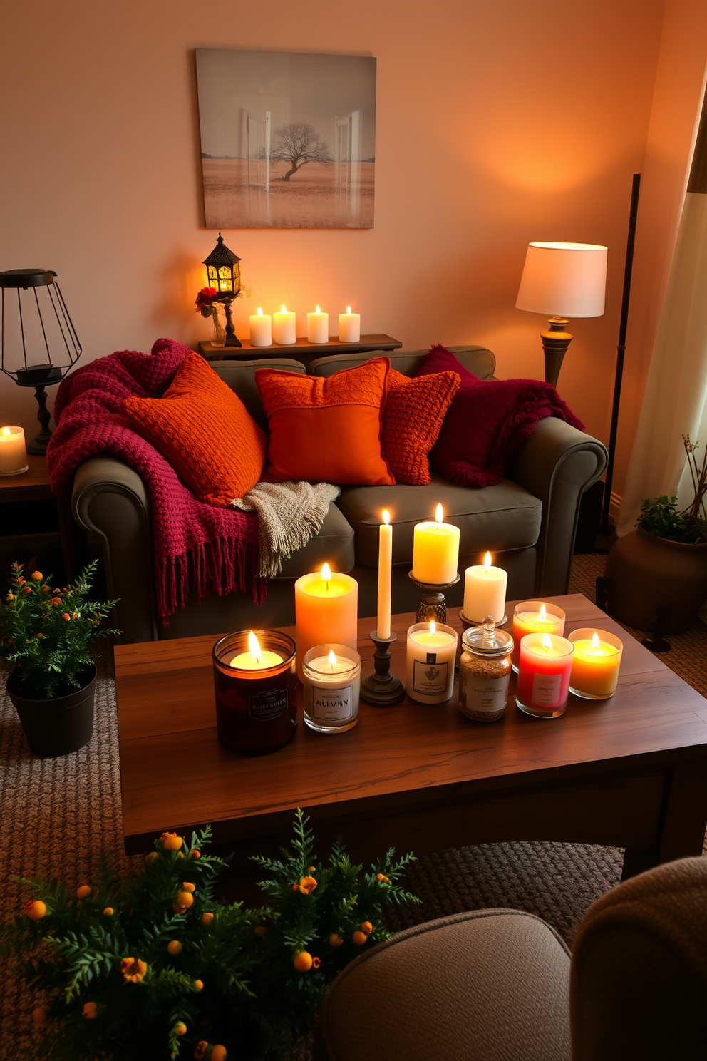 A cozy living room filled with the warm glow of scented candles that emit a rich autumn fragrance. Plush throw blankets and decorative pillows in shades of orange and deep red adorn a small sofa, creating an inviting atmosphere. A rustic wooden coffee table holds an arrangement of various scented candles in different heights, each contributing to the seasonal ambiance. Small potted plants with vibrant foliage are strategically placed around the room to enhance the fall theme.