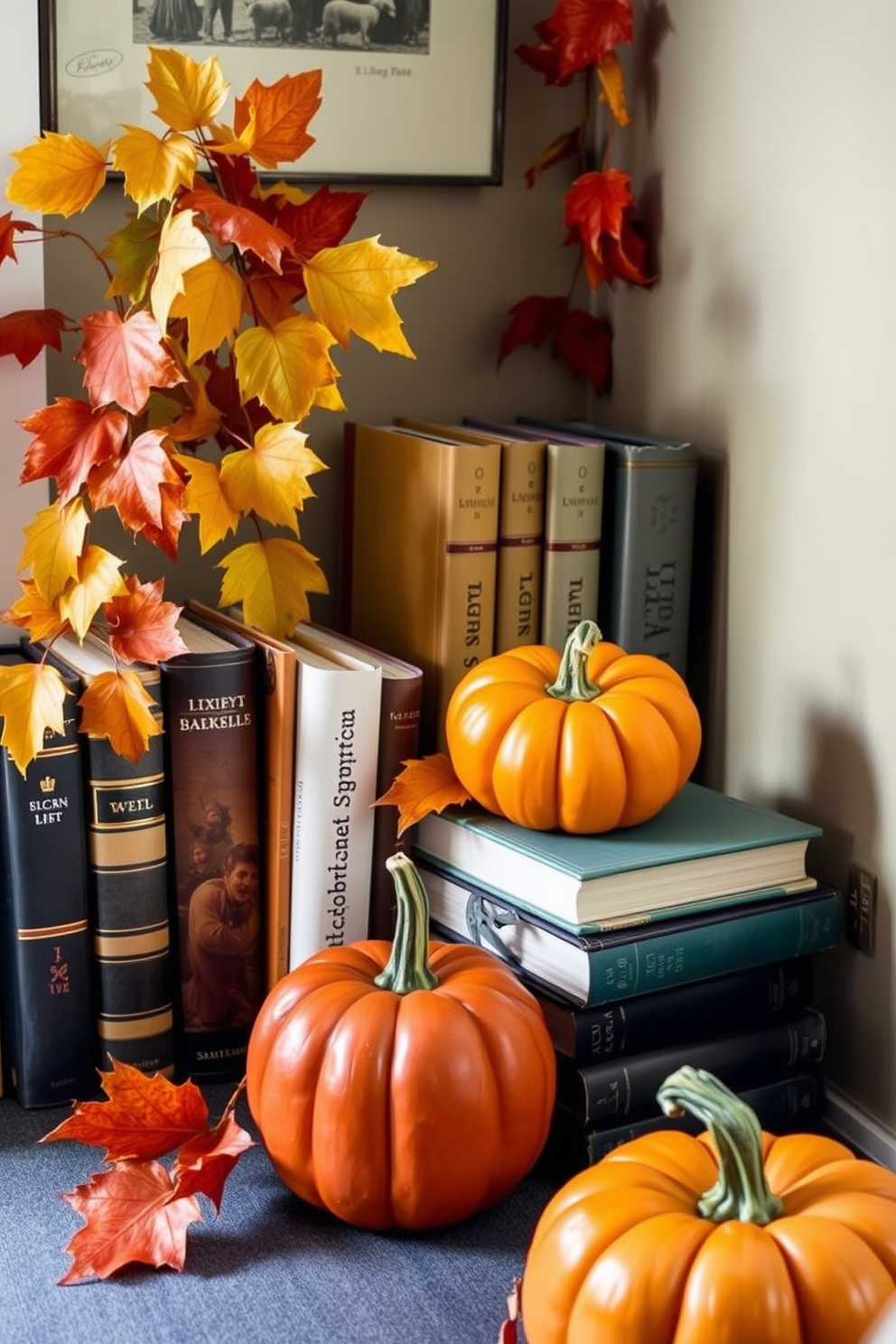 Seasonal books arranged in a cozy nook create a warm and inviting atmosphere. The rich tones of autumn leaves and pumpkins accentuate the charm of small space decorating.