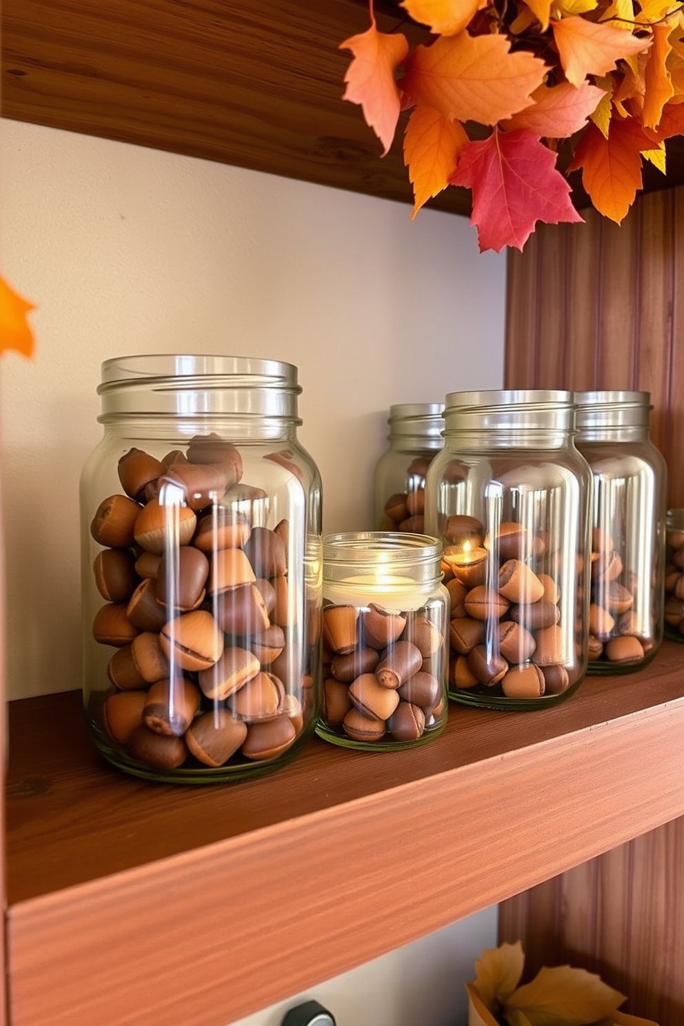 Create a cozy fall-themed small space decorated with glass jars filled with acorns. The jars are arranged on a rustic wooden shelf, complemented by warm autumn colors and soft lighting.