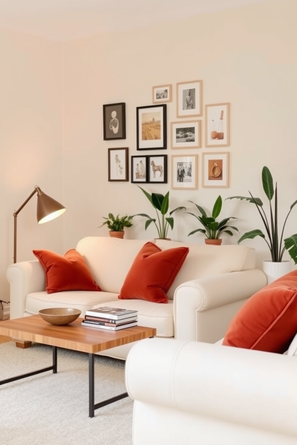 A cozy living room featuring a neutral color palette with warm accents. Soft beige walls are complemented by a plush cream sofa adorned with rust-colored throw pillows. A small wooden coffee table sits in front of the sofa, topped with a decorative bowl and a stack of books. A floor lamp with a warm glow stands beside the sofa, creating an inviting atmosphere. On the wall, a gallery of framed art pieces adds character without overwhelming the space. A few potted plants bring a touch of nature indoors, enhancing the overall warmth and charm.