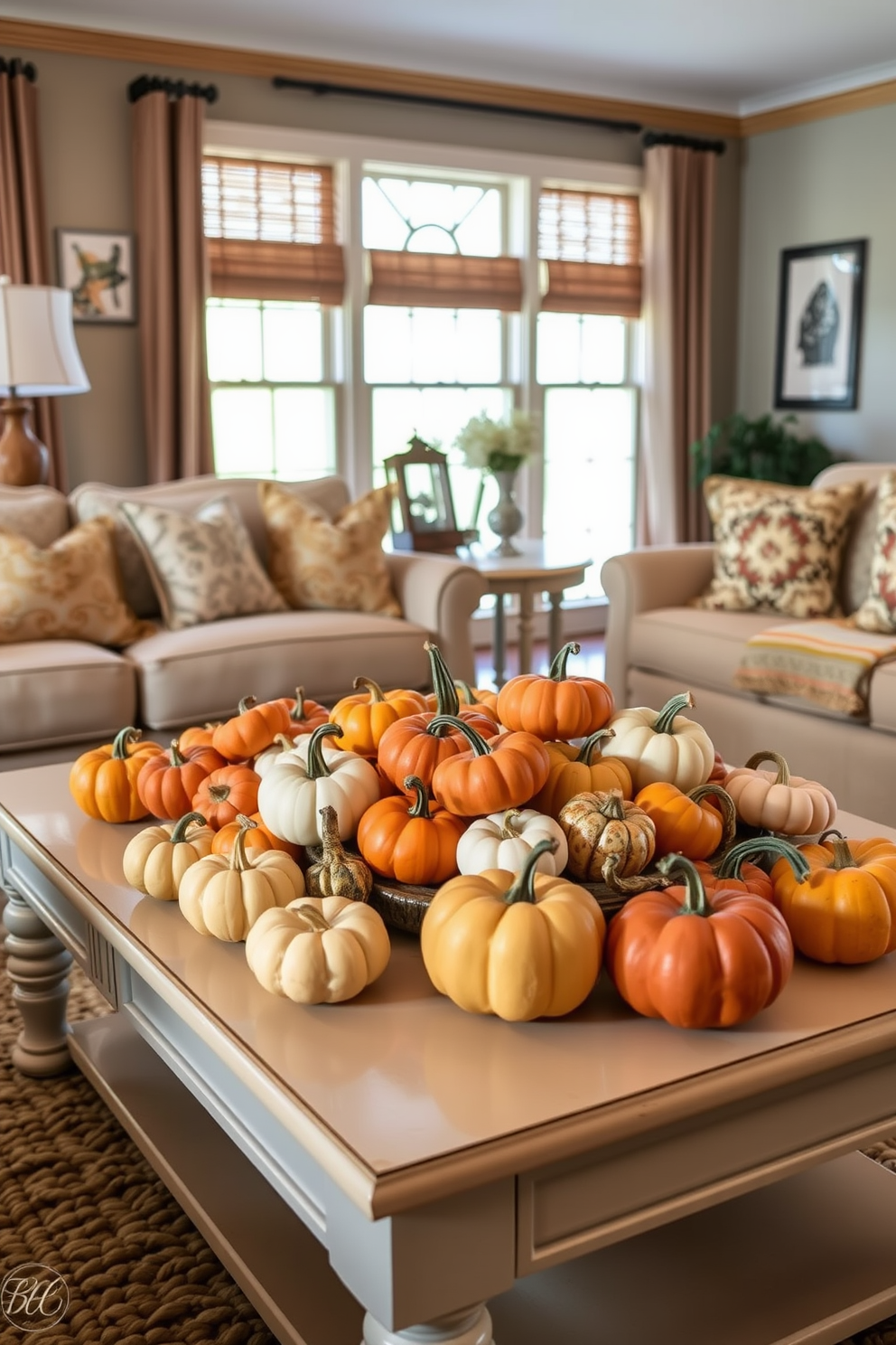 A cozy living room featuring a coffee table adorned with a collection of mini pumpkins in various colors. Surrounding the table are comfortable seating options that create an inviting atmosphere perfect for fall gatherings.