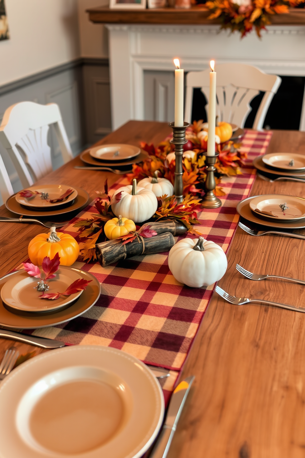 A cozy dining table adorned with autumn-themed decorations. A rustic wooden table is set with a plaid tablecloth in warm hues, featuring small pumpkins and colorful leaves as centerpieces. Elegant plates in earthy tones are arranged alongside vintage silverware. Soft, flickering candlelight adds a warm glow, creating an inviting atmosphere for intimate gatherings.