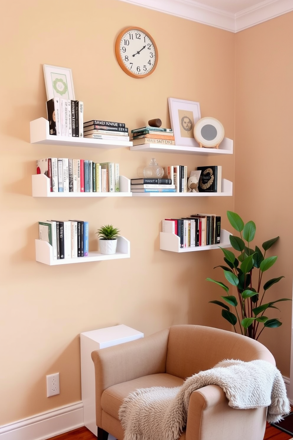 A cozy living room featuring wall-mounted shelves adorned with a mix of books and decorative items. The shelves are painted in a soft white color, creating a bright contrast against the warm beige walls. In the corner, a small potted plant adds a touch of greenery, while a decorative clock hangs above the shelves. A plush throw blanket drapes over a stylish armchair, enhancing the inviting atmosphere of the space.