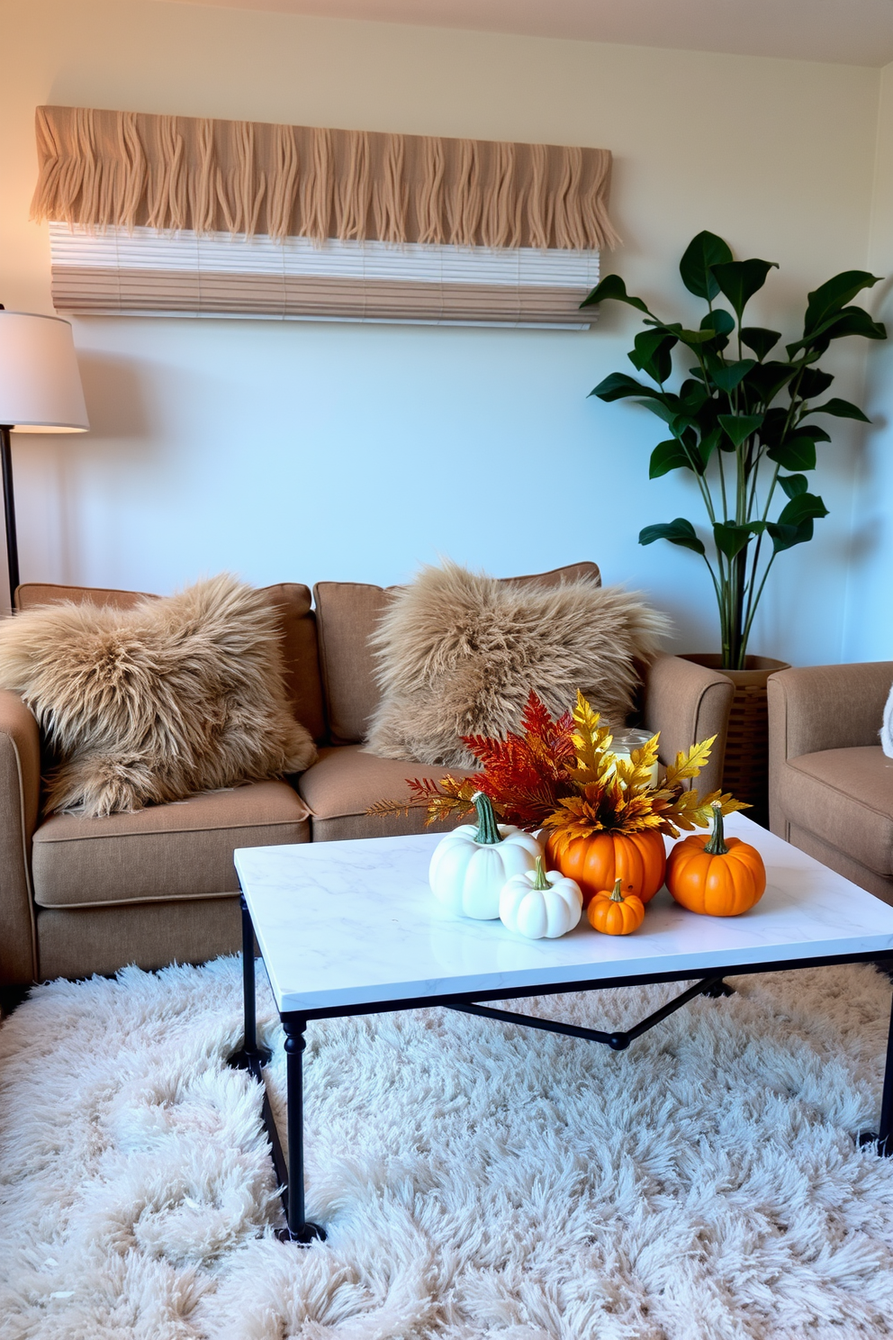 A cozy living room adorned with faux fur accents that invite warmth and comfort. Plush faux fur throw pillows and a soft area rug complement the seating arrangement, creating an inviting atmosphere for relaxation. Autumn-themed decor enhances the space with rich hues of orange and gold. Small decorative pumpkins and seasonal foliage are artfully arranged on the coffee table, bringing a touch of fall charm to the small space.