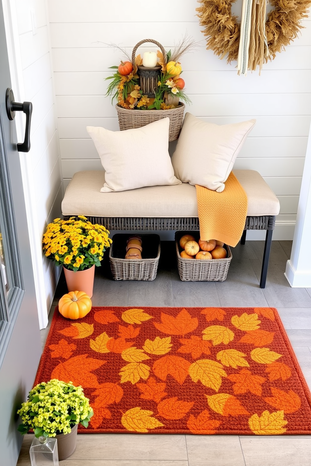 A seasonal doormat is placed at the entryway, featuring vibrant autumn leaves in shades of orange and yellow. Surrounding the doormat, small potted pumpkins add a festive touch to the cozy space. The entryway is adorned with warm-toned accents, such as a woven basket filled with seasonal decorations. A small bench with soft cushions provides a welcoming spot to sit and take off shoes, enhancing the inviting atmosphere.