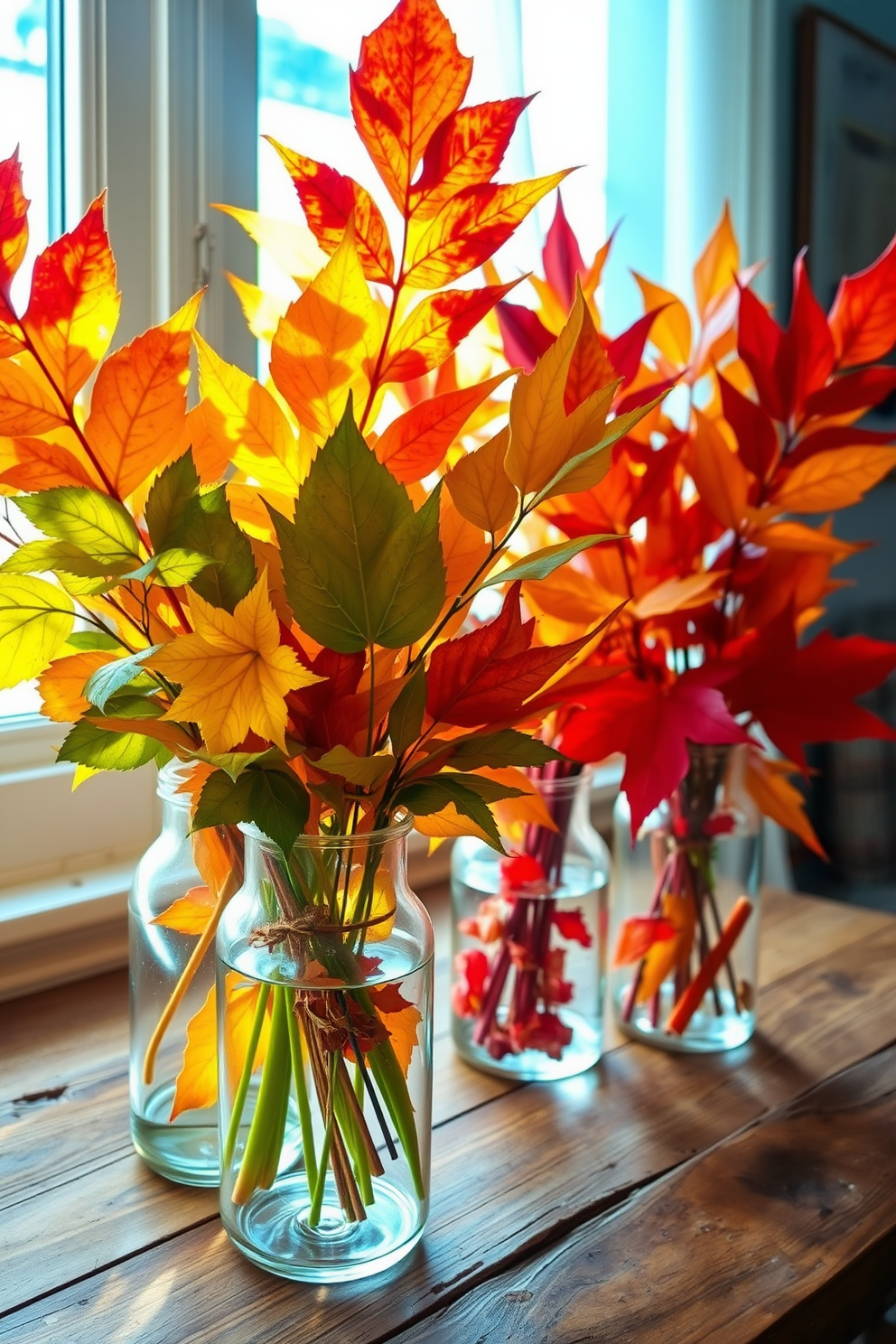 Colorful fall leaves in glass vases create a vibrant and inviting atmosphere. The vases are arranged on a rustic wooden table, with warm sunlight filtering through a nearby window, casting soft shadows. Small space decorating ideas focus on maximizing functionality while maintaining aesthetic appeal. Cleverly placed mirrors and multi-purpose furniture enhance the sense of space, complemented by cozy textiles and warm color palettes.