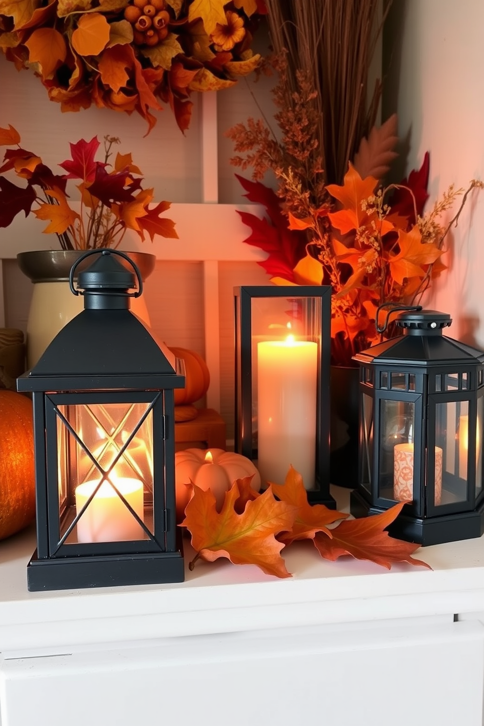 A cozy fall-inspired small space features small lanterns that emit a warm and inviting glow. The decor includes rich autumn hues with accents of orange, gold, and deep red, creating a seasonal atmosphere.