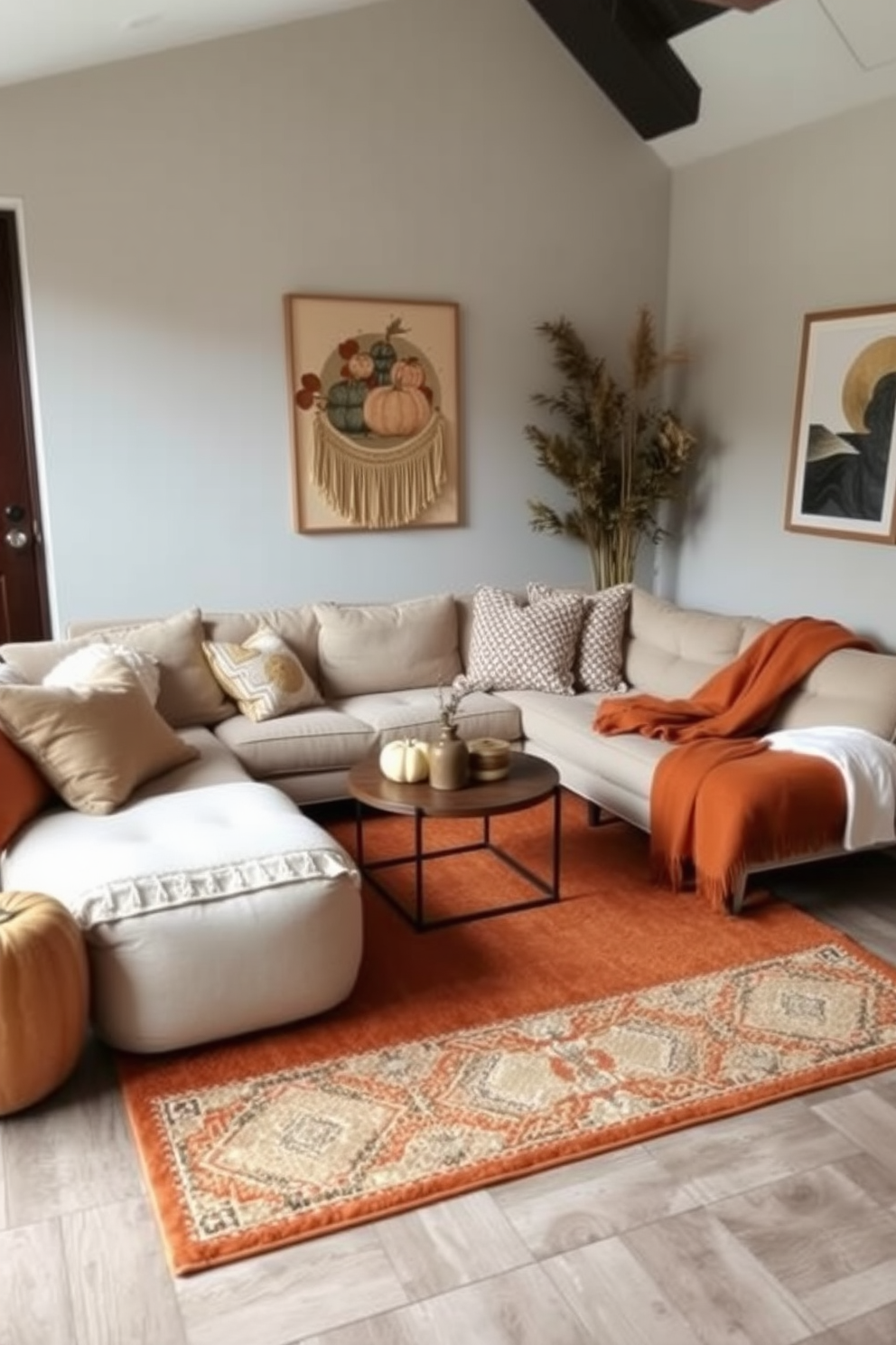 A cozy living room featuring layered rugs in warm earthy tones to create a welcoming atmosphere. The space is adorned with plush cushions and a small coffee table to enhance the intimate feel of the room. Incorporate fall-inspired decor elements such as pumpkins and warm-toned throw blankets to celebrate the season. Utilize space-saving furniture to maximize functionality in this small area while maintaining a stylish aesthetic.