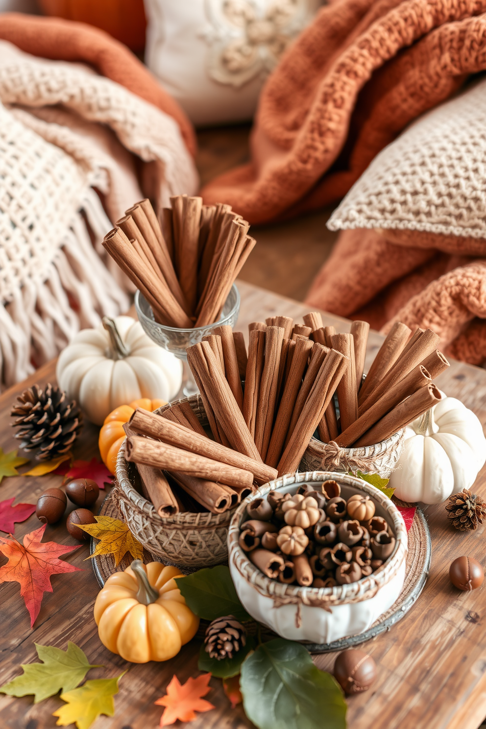 Cinnamon sticks are arranged in decorative bowls, adding a warm and inviting touch to the autumn decor. The bowls are placed on a rustic wooden table, surrounded by small pumpkins and colorful leaves. Fall small space decorating ideas include using natural elements like pinecones and acorns to create a cozy atmosphere. Layering soft textiles such as throw blankets and cushions in warm hues enhances the seasonal charm of the compact area.