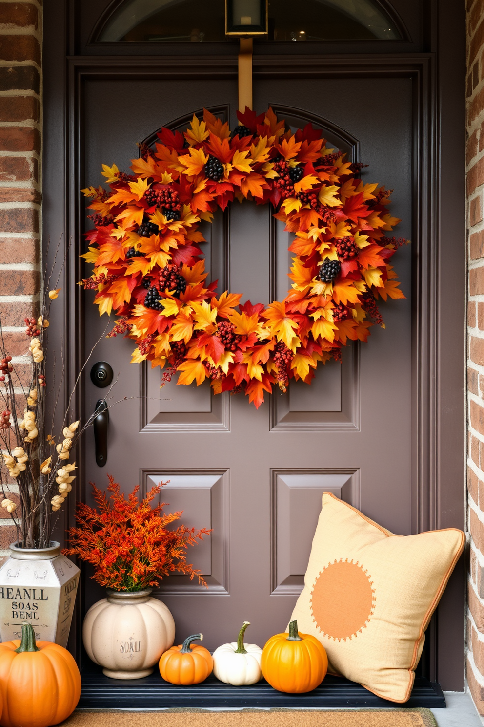 A charming front door adorned with a vibrant autumn wreath made of colorful leaves and berries. The surrounding area features cozy fall decorations, such as small pumpkins and warm-toned cushions, creating a welcoming atmosphere for the season.