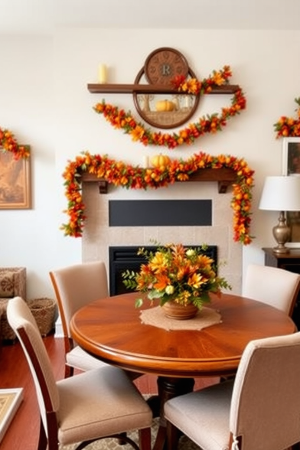 A cozy living room adorned with seasonal garlands draped elegantly over the mantel, featuring rich autumn hues of orange, red, and gold. The shelves are styled with small decorative pumpkins and candles, creating a warm and inviting atmosphere for the fall season. A compact dining area showcases small space decorating ideas with a round wooden table surrounded by upholstered chairs. The table is set with a simple centerpiece of seasonal foliage, enhancing the charm of the intimate setting.