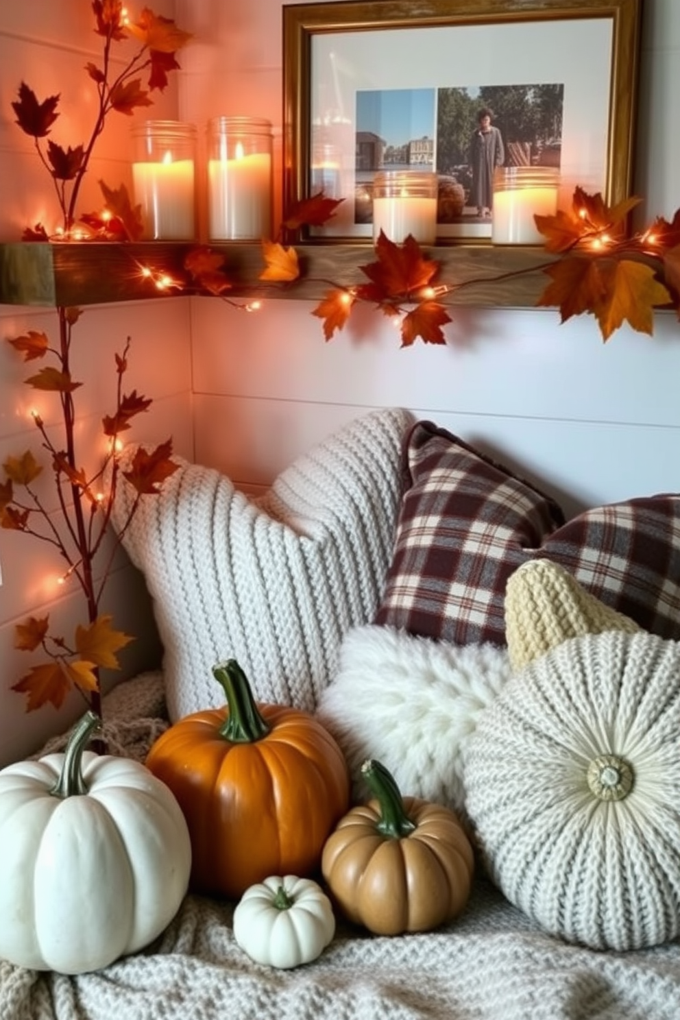 A cozy corner adorned with candles in mason jars creates a warm and inviting ambiance. The soft flicker of candlelight complements the rich autumn colors of the fall season, enhancing the small space's charm. Incorporate cozy textiles like plush throws and decorative pillows to elevate the decor. Utilize natural elements such as pumpkins and gourds to bring a seasonal touch to the small space while maintaining functionality.