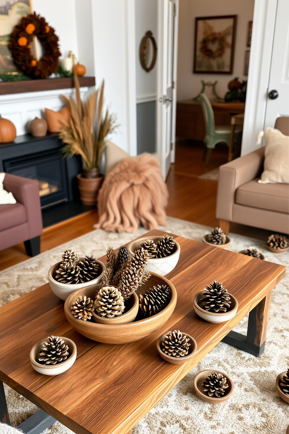 A cozy living room featuring pine cones arranged in decorative bowls on a rustic wooden coffee table. The space is adorned with warm autumn colors, soft lighting, and plush textiles to create an inviting atmosphere. In a small apartment, pine cones are artfully displayed in various bowls scattered throughout the room. This simple yet elegant decor enhances the seasonal charm while maintaining a clutter-free environment.