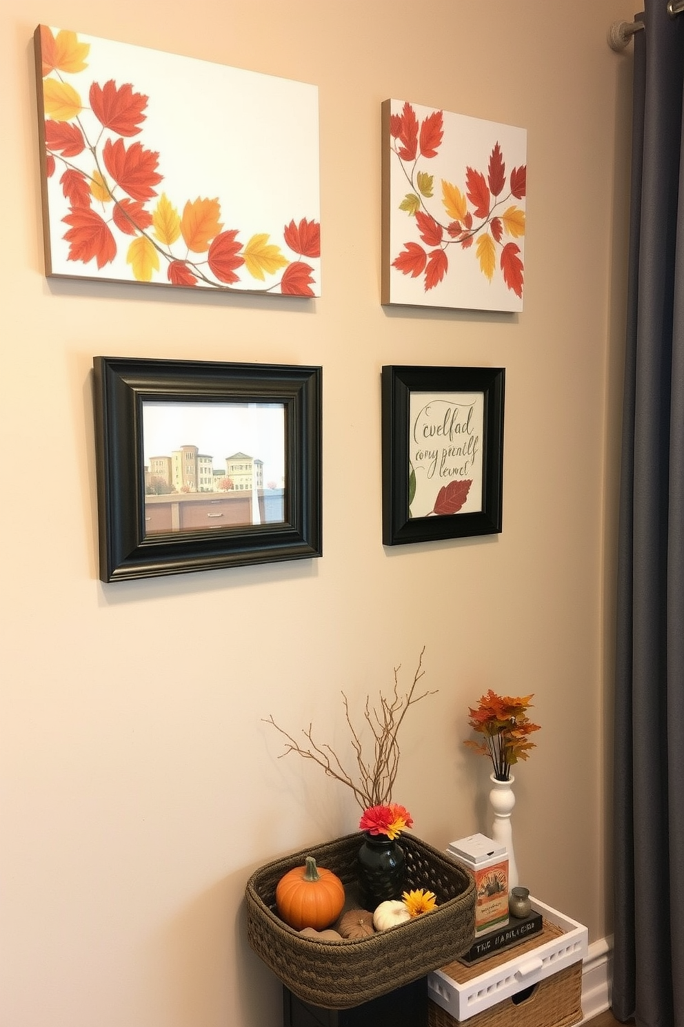 Seasonal artwork adorns the walls, featuring vibrant autumn leaves and cozy harvest themes. The space is thoughtfully arranged with small decorative elements that celebrate the fall season while maximizing functionality.