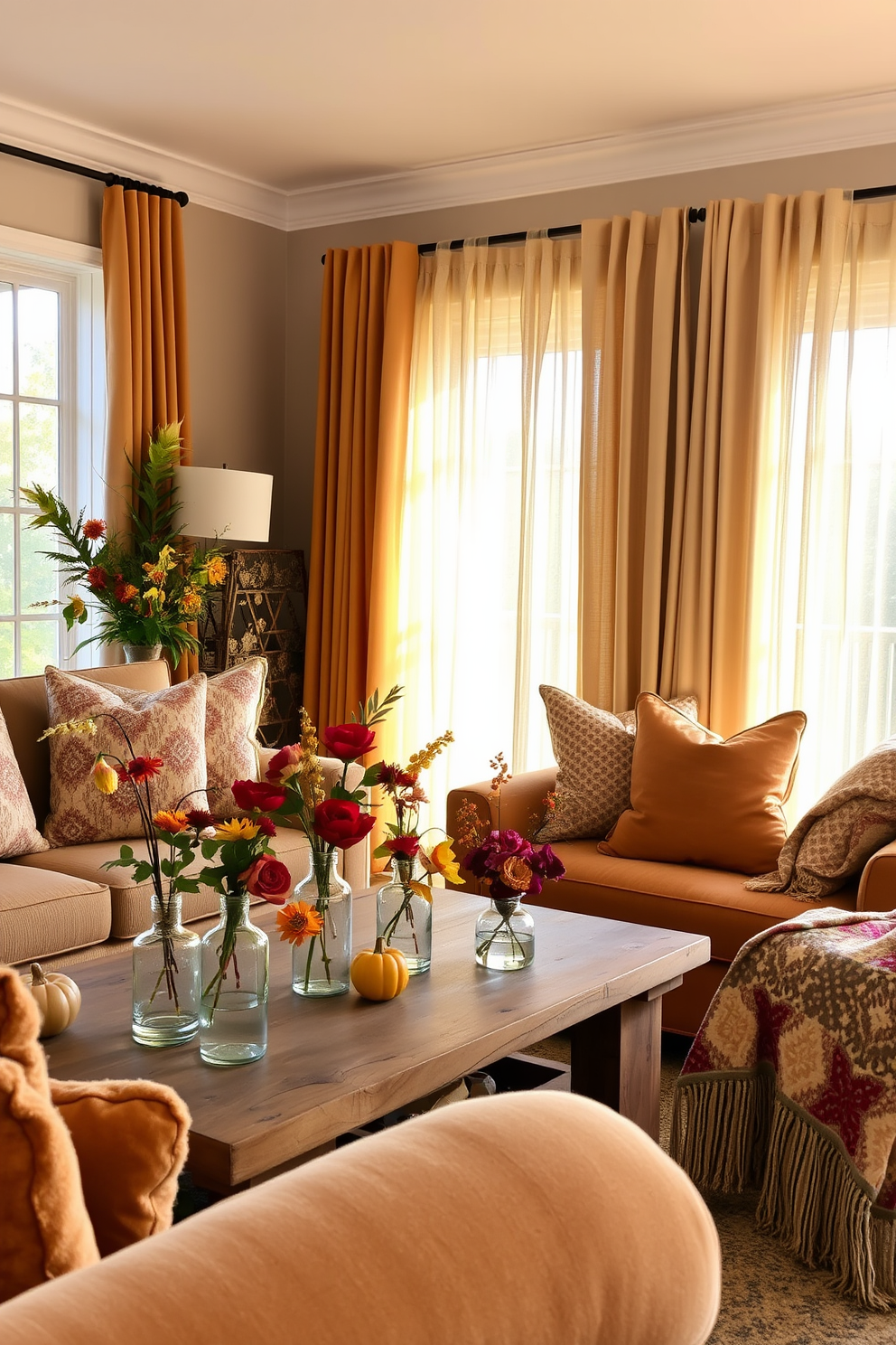 A cozy living room filled with small vases showcasing vibrant fall florals. The vases are arranged on a rustic wooden coffee table surrounded by plush seating in warm autumn tones. Soft golden light filters through sheer curtains, enhancing the inviting atmosphere. A patterned throw blanket is draped over a nearby armchair, complementing the seasonal decor.