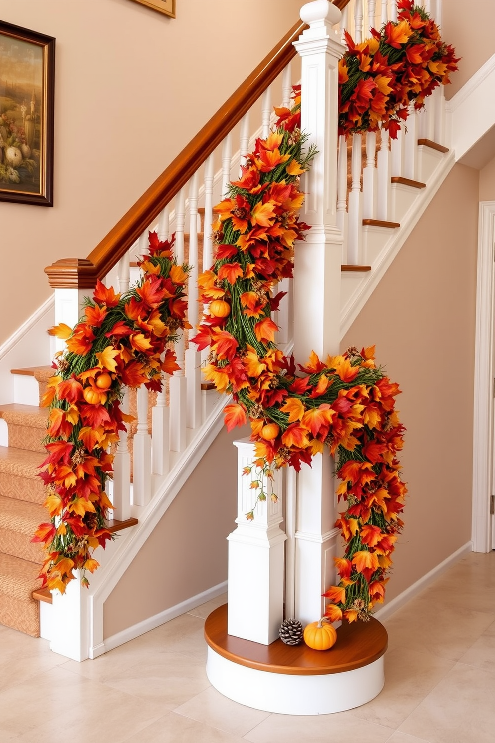 A beautiful staircase adorned with an autumn colored garland gracefully draped along the railing. The garland features rich oranges, deep reds, and golden yellows, complemented by small pumpkins and pinecones for a festive touch.